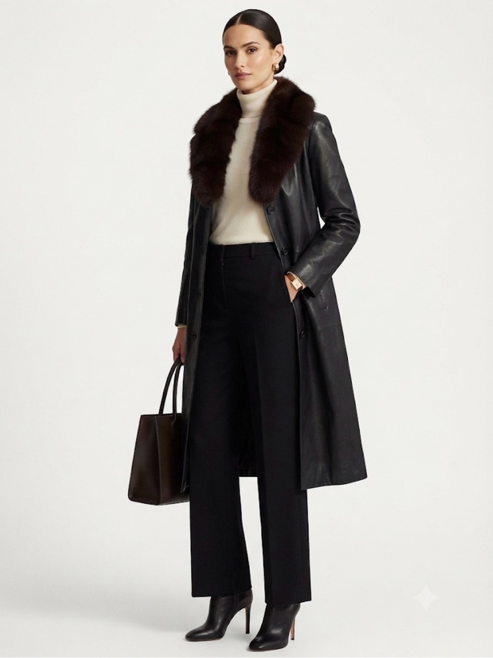 Marc New York Black Leather & Fox Fur Trench Coat SZ L